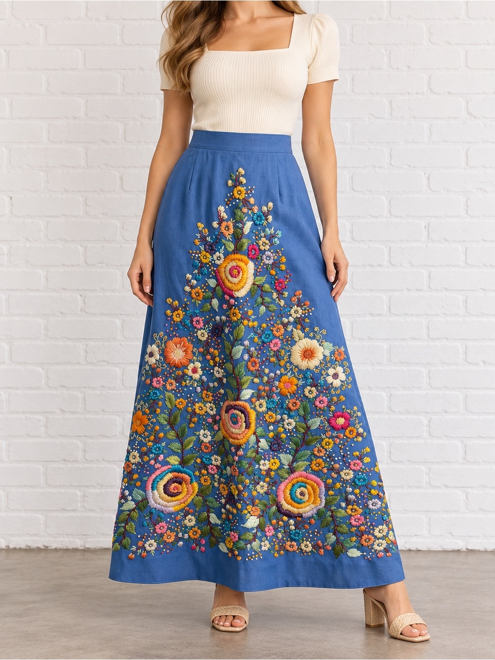 Vintage 70s Tesoros Philippines Blue Raffia Embroidered Maxi Skirt 8